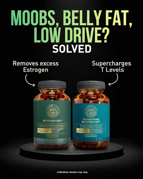 This creative features a clean studio-style product arrangement that addresses common male health concerns by highlighting specific supplement benefits through clear, bold text.